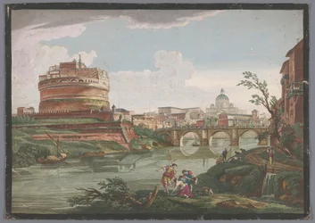 Gezicht op de Engelenburcht en de Engelenbrug over de rivier de Tiber te Rome