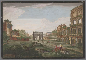 Gezicht op de ruïnes van de Boog van Constantijn en het Colosseum te Rome