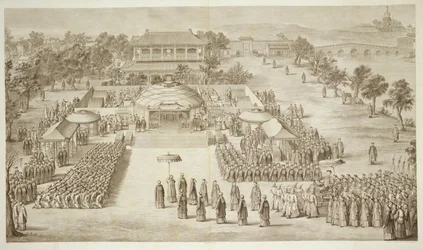 De Keizer Qianlong Ontvangt de Hulde van de Overwonnen Eleuths (Tartar Kalmucks) plaat 2 uit een serie prenten die de veroveringen van de Keizer van China voorstellen, gegraveerd door Jacques Philippe Le