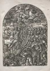 De Apocalyps: Babylon de hoer, gezeten op het zevenkoppige beest