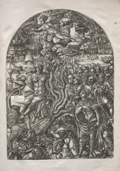 De Apocalyps: Babylon de Hoer, zittend op het zevenkoppige beest, 1546-1556