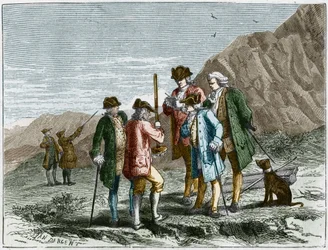 Florin Perier meet de hoogte van de barometer (kwikbuis) van Evangelista Torricelli tijdens het experiment over de zwaartekracht van de lucht van Blaise Pascal, op de top van de Puy de Dome (1648). Gravure door Yan Dargent.