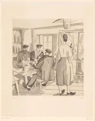 Caféinterieur met klanten en serveerster