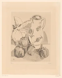 Stilleven met aardbeien en kan