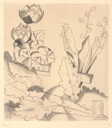 Kunstbloemen: Waterlelies en Lelietjes-van-dalen.