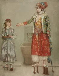 Een dame in Turkse kleding met haar dienaar in de hammam, midden 18e eeuw