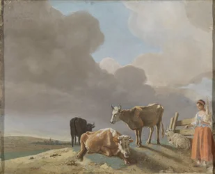 Landschap met koeien, schapen en herderin, gewijzigde kopie naar een schilderij van Paulus Potter, de herderin gekopieerd van een schilderij van Karel Dujardin (recto); onvoltooid portret van een man (verso)