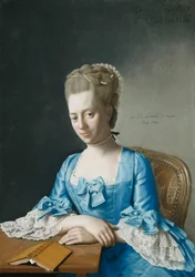 Portret van Grace, gravin van Clanbrassil, geboren Foley, half lengte, in een blauwe jurk, zittend aan een tafel, haar handen gekruist, 1774