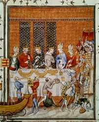Banket aangeboden door koning Karel V van Frankrijk in het Paleis van de Cite ter ere van keizer Karel IV en Wenceslas IV koning van Bohemen. Miniatuur uit 