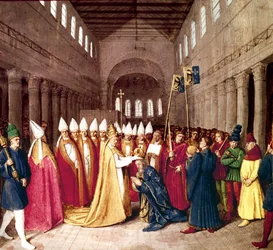 Kroning van Keizer Karel de Grote op 25 december 800 in Rome door Paus Leo III, verluchting uit Les Grandes Chroniques de France door Jean Fouquet, c. 1455-1460