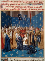 Kroning van Lodewijk VIII (1187-1226) en Blanca van Castilië (1188-1252) te Reims in 1224. Miniatuur uit het handschrift "Grandes Chroniques de France" van Jean Fouquet (1420-1481), 15e eeuw. Parijs, B.N.