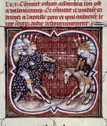 Frans-Engelse Oorlog (1202-1214): de Slag bij Bouvines op 27/07/1214 tussen het Franse leger van Philippe Auguste en de Vlaamse en Welfen van Othon IV. De Franse overwinning was beslissend voor de uitkomst van de oorlog. Miniatuur uit 
