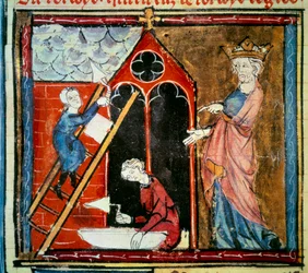 Lodewijk VI de Dikke (1081 - 1137) houdt toezicht op de bouw van een gebouw. Miniatuur in 