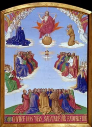 Pinksteren: de nederdaling van de Heilige Geest. Miniatuur uit Het Getijdenboek van Etienne Chevalier door Jean Fouquet (1420-1477/1481)