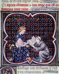 Primaat presenteert de tekst van de grote kronieken van Frankrijk aan Filips III. Miniatuur uit het manuscript door Jean Fouquet "Grandes Chroniques de France". Parijs. B.N.