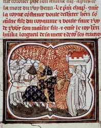 Koningin Constance van Arles (986-1032) geeft zich over aan haar zoon Hendrik I koning van Frankrijk (1008-1060) Miniatuur uit “Les grandes chroniques de France” door Jean Fouquet (1420-1481) 15e eeuw Parijs, B.N.