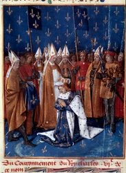 Kroning van Karel VI in Reims in 1380. Miniatuur in de Grandes Chroniques de France (Folio 457v), verlucht door Jean Fouquet (1420-1481), 1455-1460. Bibliothèque nationale, Parijs.
