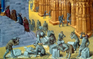 De bouw van de tempel van Jeruzalem door koning Salomo. Detail met de steenhouwers. Miniatuur uit het manuscript 