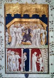 De kroning van Karel VI (1368-1422) door de pairs van Frankrijk op 16/09/1380. Miniatuur uit de "Grandes Chroniques de France", 15e eeuw, Parijs, Bibliothèque nationale