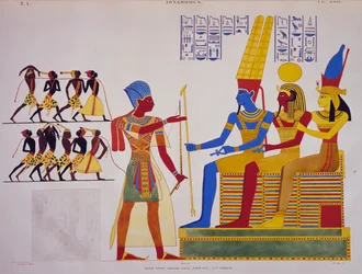 Ramesses II voor Triade, fresco van de oostmuur van de grote hal van Abu Simbel, uit Monumenten van Egypte en Nubië