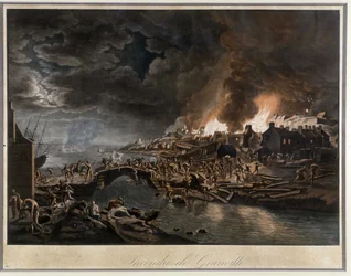 Granville in vlammen belegerd door de Vendéans, gebaseerd op schilderij van J. François Hue, ca. 1800