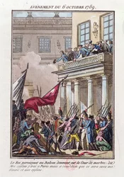 Lodewijk XVI verschijnt op het balkon in Versailles op 6 oktober 1789 om de Parijse menigte te vertellen dat hij naar Parijs zal gaan op voorwaarde dat zijn vrouw en familie met hem reizen