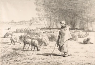 Een herderin met haar kudde