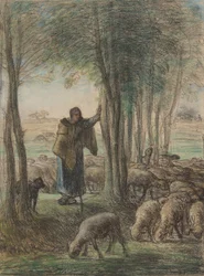 Een herderin en haar kudde in de schaduw van bomen, 1854-55