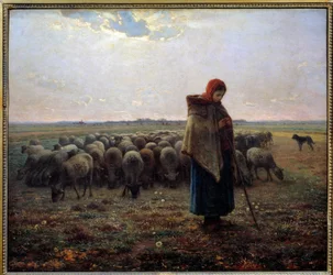 Herder en zijn schapen, genaamd de grote herder. Schilderij door Jean François Millet (1814-1875)