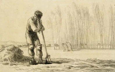 Boer leunend op een hooivork