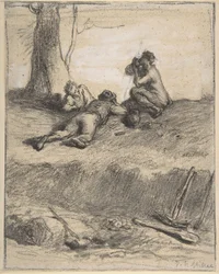 Wegwerkers tijdens de lunch, ca. 1850-52