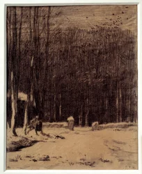 De ingang van het bos van Barbizon, sneeuweffect. Tekening met zwart potlood. Afmetingen: 0,28 x 0,22 m. Parijs, Musée d