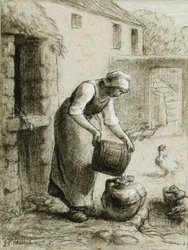 Vrouw die water in melkblikken giet