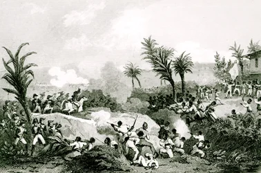 Zwarte opstand in Santo Domingo, 16 september 1802, uit "Histoire Universelle du XIXe siecle", naar Martinet