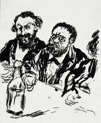 De schilder Edouard Manet (1832-1883) en de schrijver Emile Zola (1840-1902) aan tafel. Karikatuur door Jean Francois Raffaelli (1850-1924)