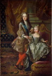 Portret van koning Lodewijk XV (1710-1774) en zijn verloofde Maria Anna Victoria van Spanje (1718-1781), dochter van Filips V van Spanje. Schilderij van Jean François de Troy (1679-1752), circa 1724, Florence, Palazzo Pitti