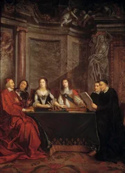 De raad van geweten: Sint Vincentius van Paul, hoofd van de raad van geweten leest voor aan kardinaal Jules Mazarin (Giulio Raimondo Mazzarino of Mazarino) (1602-1661), Pierre Seguier (1588-1672), koningin Anna van Oostenrijk (1601-1666) en Lodewijk XIV (1