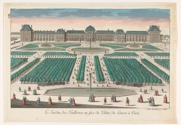 Gezicht op de Jardin des Tuileries te Parijs gezien richting het Palais du Louvre