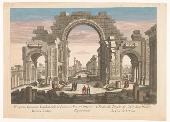 Gezicht op de ruïne van de boog van de zuilengalerij te Palmyra, gezien vanaf de oostzijde