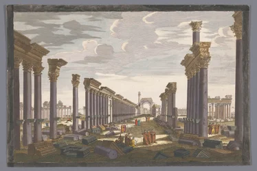 Gezicht op de ruïne van de boog van de zuilengalerij te Palmyra, gezien vanaf de westzijde