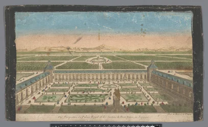 Gezicht op de tuin en het Palacio del Buen Retiro te Madrid