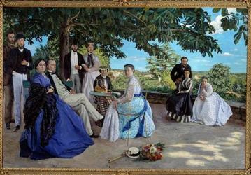 Familiebijeenkomst: portret van een Franse burgerlijke familie, verzameld in een tuin. Van links naar rechts: Jean Frederic Bazille, zijn oom Monsieur des Hours, zijn moeder en vader, zijn nicht Pauline en haar echtgenoot Monsieur Teulon, zijn tante