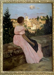 Roze jurk of Uitzicht op Castelnau le Lez. Portret van het nichtje van de kunstenaar, Therese des Hours