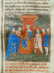 De Engelse koning Edward III op zijn troon, gekleed in een tuniek met Engelse en Franse emblemen, luistert naar een toespraak van Robert van Artois ...