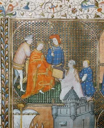 Historicus Froissart presenteert op zijn knieën, gekleed in kerkelijk gewaad, zijn Kronieken van de Honderdjarige Oorlog aan Edward III ...