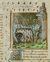 Het lichaam van Jean III van Bretagne wordt naar de stad Ploermel gebracht, in een lijkwagen bedekt met hermelijn en vergezeld van gewapende bewakers ...