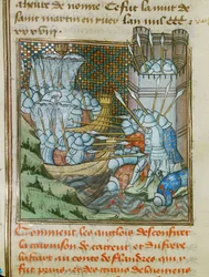 Twee Engelse schepen met soldaten met harnassen en lansen vallen de haven van Cadsand in Vlaanderen aan ...