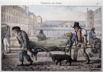 Oude straatberoepen in Parijs: de arme patiënt wordt naar het ziekenhuis gebracht door de brancarddragers. Gravure door Jean Henry Marlet (1771-1847) in 
