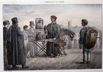 Oude straatberoep in Parijs: de rattenvanger (camelot). Gravure door Jean Henry Marlet (1771-1847) in 
