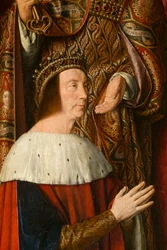 Hertog Peter II van Bourbon (detail). Drieluik van de meester van Moulins
